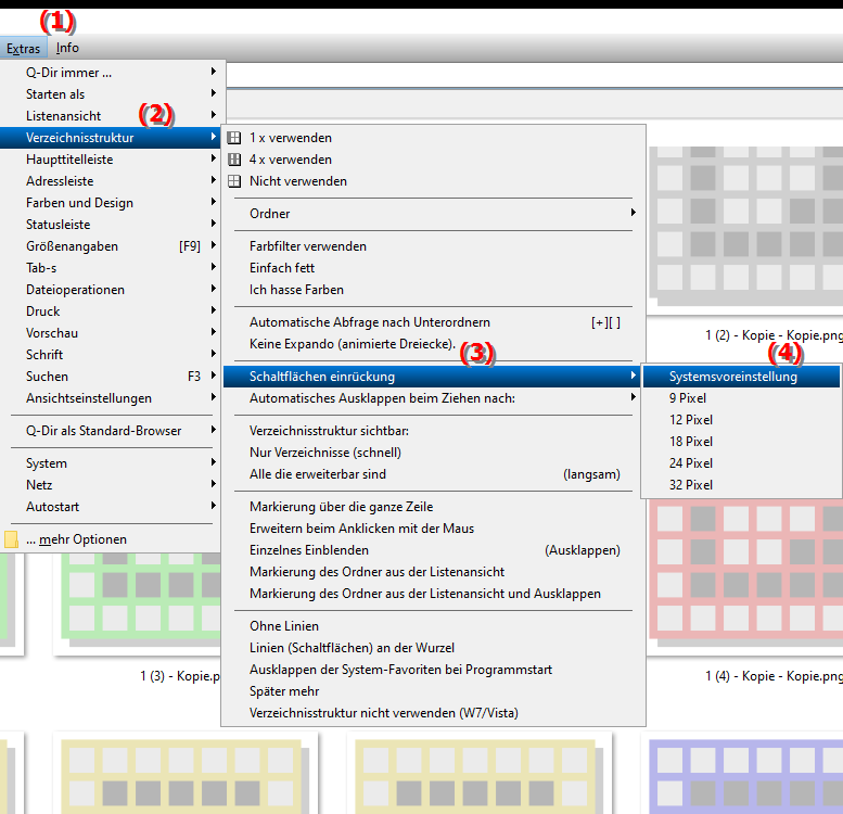 Einrückung der Schaltflächen auf die Date Explorer Standardeinstellung setzen